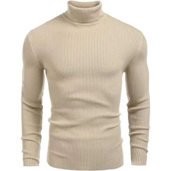 Mens Ribbed Slim Fit Knitted Pullover Casual Turtleneck Sweater